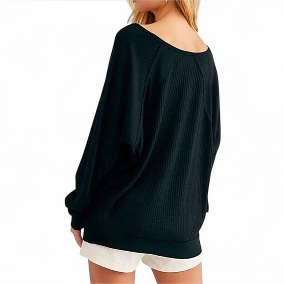 We the Free People Santa Clarita Waffle Knit Oversized Long Sleeve Top Black M - Picture 2 of 6